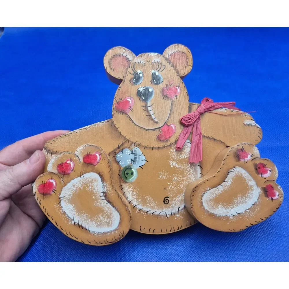 Vintage Handcrafted Tole Painted Wood Sitting Teddy Bear Free Standing 8x7x2